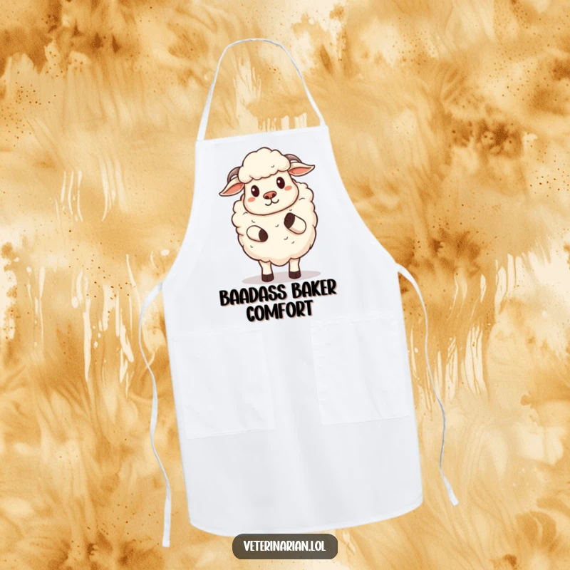 Funny Sheep Apron: Cartoon sheep in a kitchen setting, proudly giving a comforting hoof pat, blending humor and practicality, a funny gift.