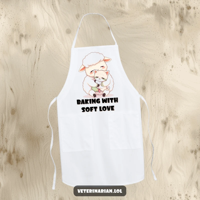 Funny sheep apron, a fluffy sheep cuddling a tiny, bandaged kitten with affection, practical and heartwarming kitchen wear.
