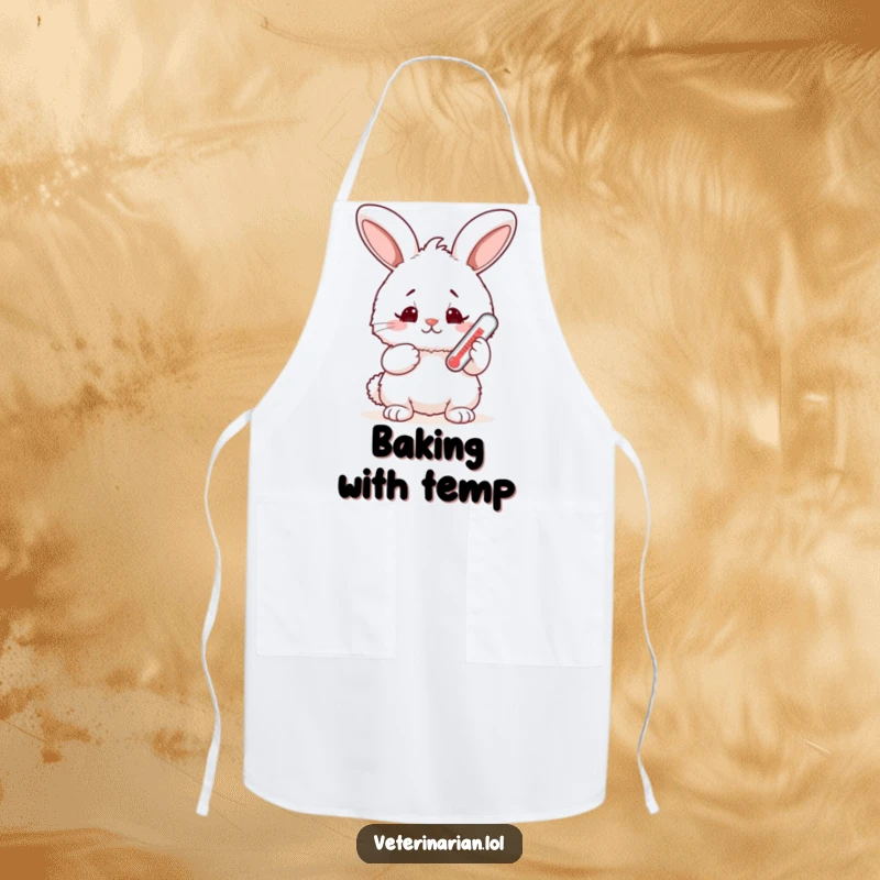 Funny fluffy bunny apron, a rabbit holds a thermometer with a worried yet happy expression, a humorous and practical kitchen accessory.