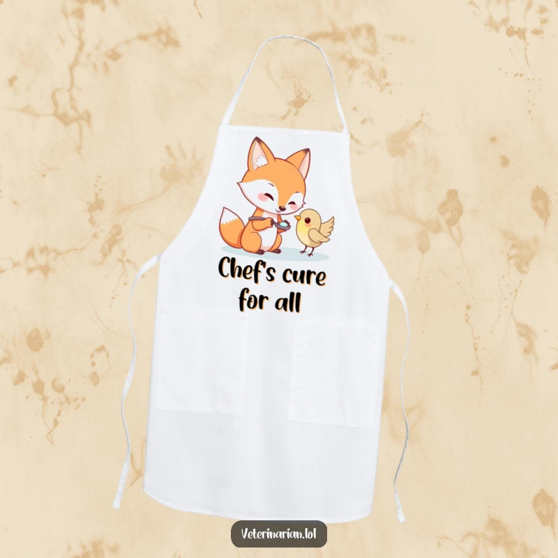 Funny fox character offering medicine to a tiny bird on a kitchen apron, fun funny gift.