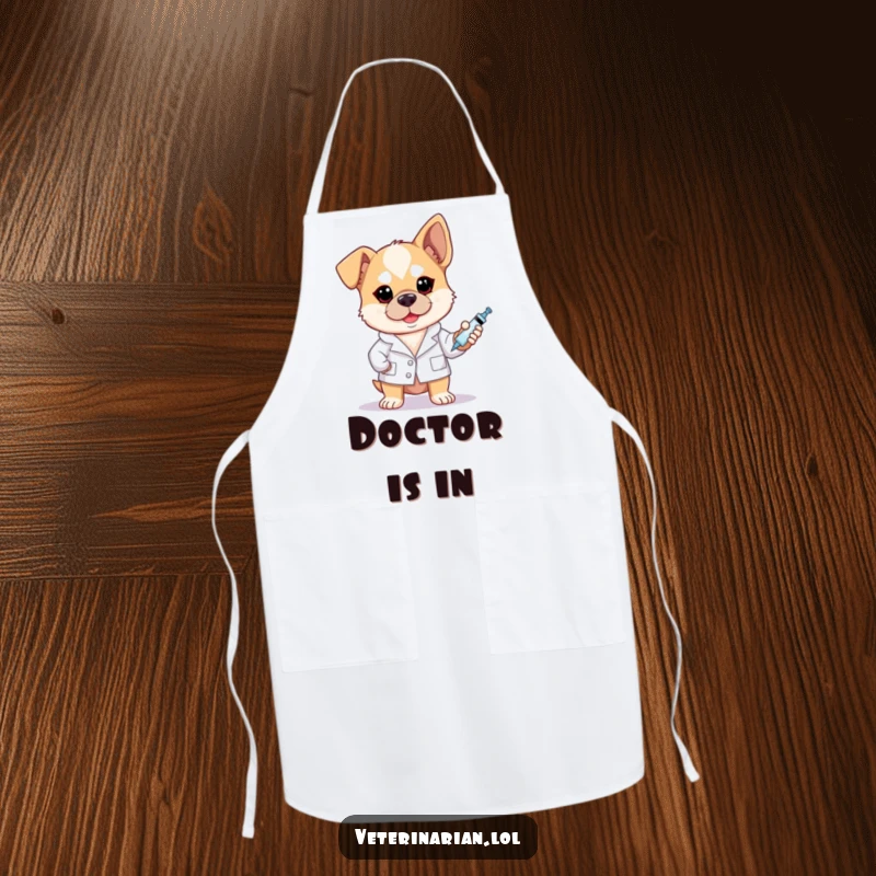Funny brave dog vet apron showing a dog in a white coat holding a syringe with a determined look.