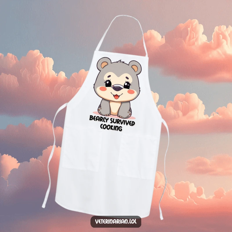 Funny bear cub apron with a curious cub wearing a nose bandage and smiling bravely, ideal for humorous and brave cooking sessions.