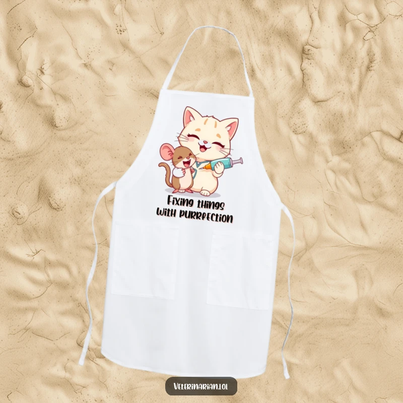 Funny cat vet apron, a giggling cat vet winks, humorously using a large syringe on a tiny, happy mouse.