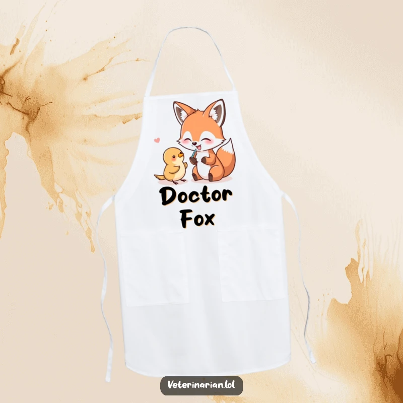 Funny Apron showcasing a giggling fox pretending to give a bird a shot, adding quirky humor to cooking.