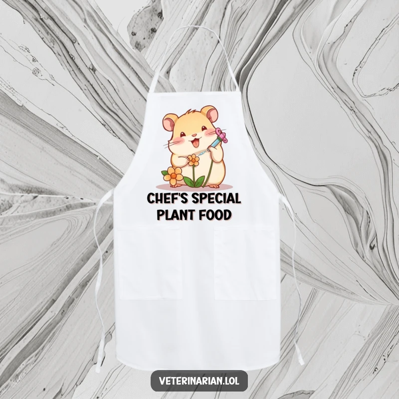 Funny hamster character carefully tending a wilting flower with a tiny syringe on a kitchen apron, fun funny gift.
