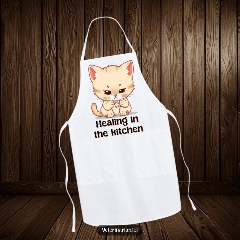 Funny chef apron showing a focused cartoon kitten doctor gently applying a very small bandage.