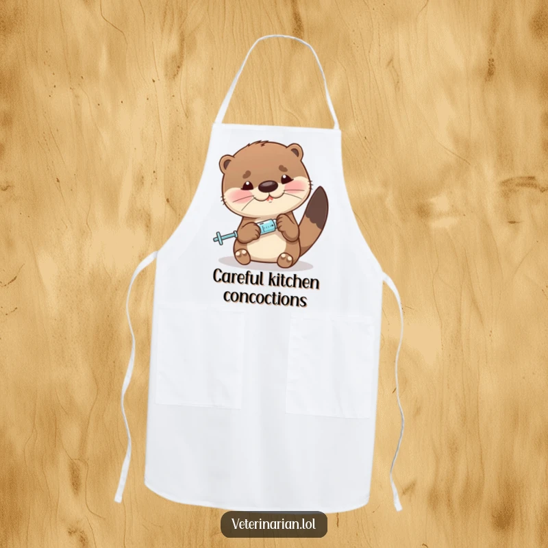 Funny otter apron depicting a character precisely measuring liquid with a miniature syringe, perfect for precise kitchen use.
