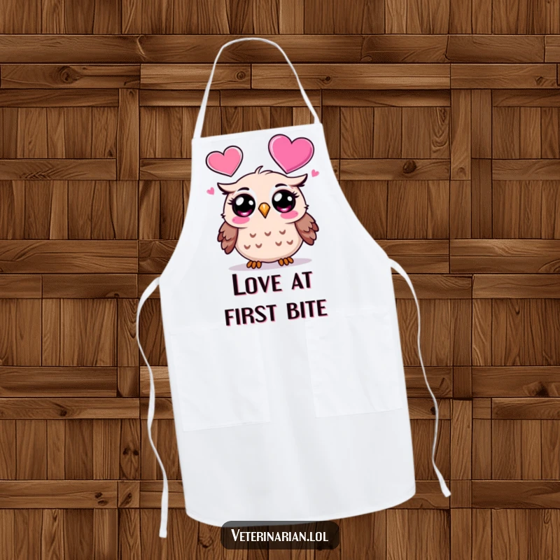 Funny Owl Apron: Cartoon owl wearing an apron, surprised by a floating heart icon, blending humor and practicality, a funny gift.