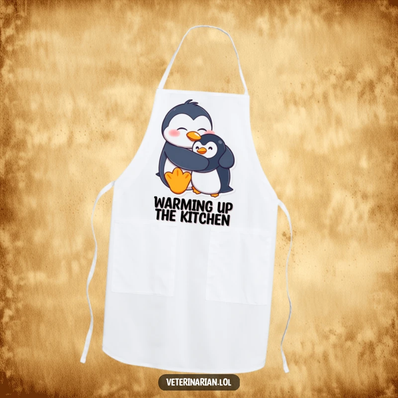 Funny apron with a goofy penguin character embracing a stuffed penguin, ideal for adding humor to kitchen tasks.