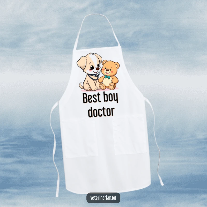 Funny cute puppy vet apron, a puppy in a stethoscope happily checks a teddy bear, a humorous and practical kitchen accessory.