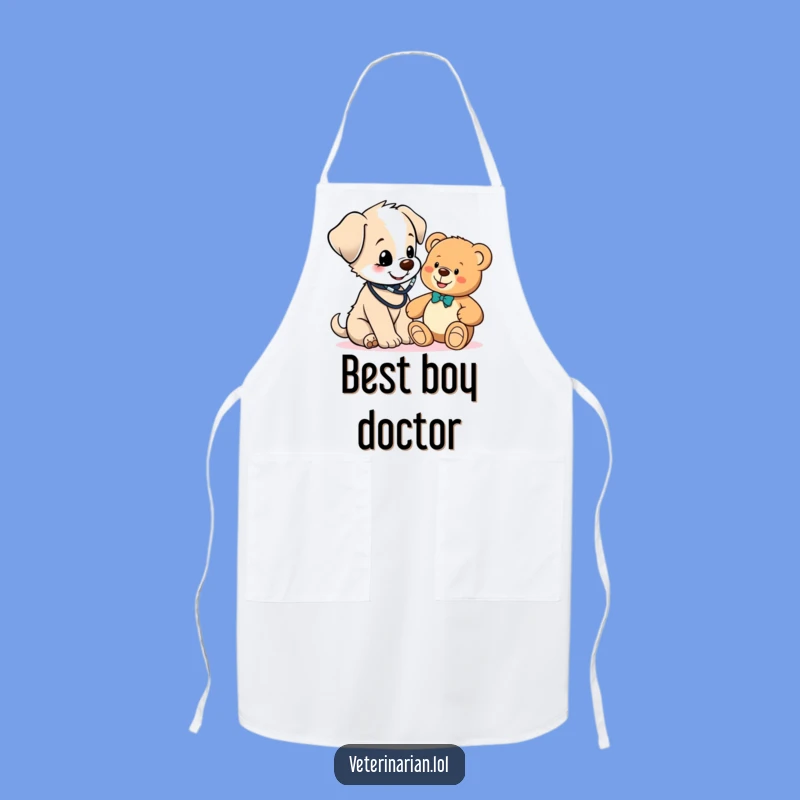 Funny Puppy Vet Apron: Cook with Cuteness! Adorable Dog Checks Teddy Bear!