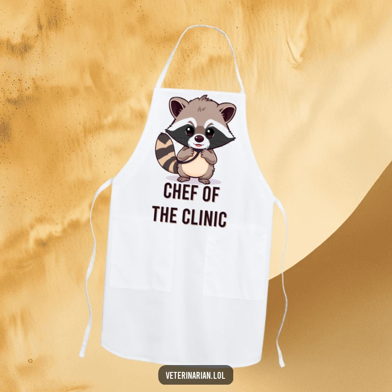 Funny raccoon apron, a determined raccoon polishing a stethoscope with a focused gaze, practical and humorous kitchen wear.