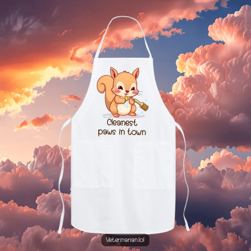 Funny squirrel apron depicting a character meticulously scrubbing paws, ideal for kitchen cleanliness and humor.