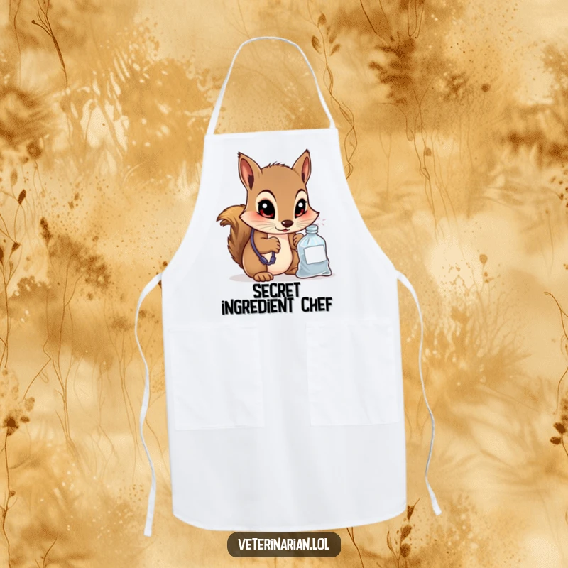Funny apron showing a curious squirrel vet peering into a small medicine bag with wide, knowing eyes, perfect for a cook who loves quirky humor.