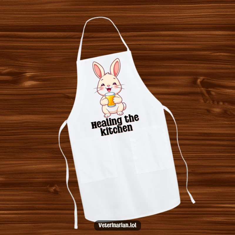 A happy bunny with a proud smile administers a tiny shot, shown on a kitchen apron, for cheerful food preparation.