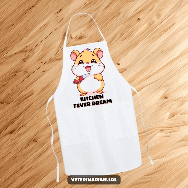 Funny Hamster Apron: Cartoon hamster wearing an apron, thermometer in cheek, indicating illness, blending humor and practicality, a funny gift.