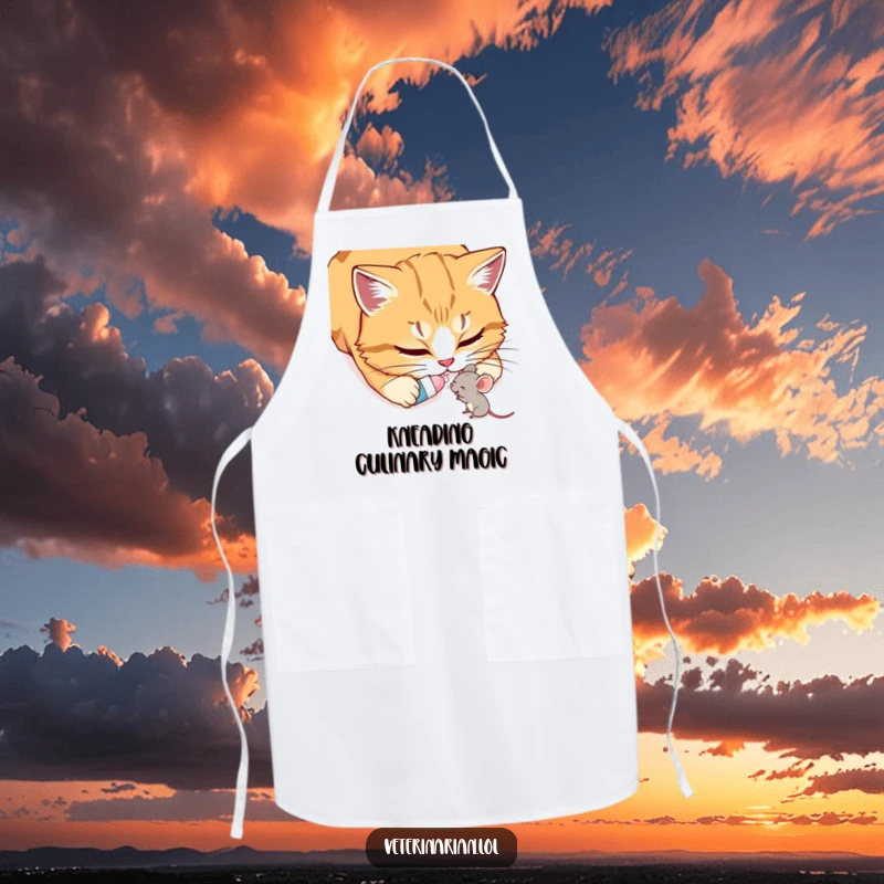 Funny Cat & Mouse Apron: A cooking apron showing a cat gently giving a small pill to a happy mouse.