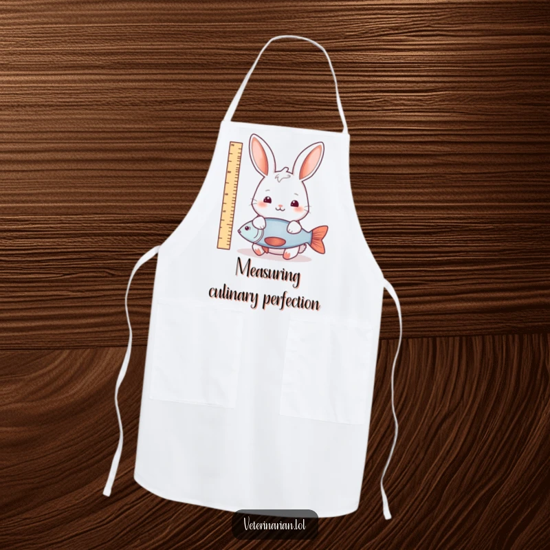 Funny rabbit fish measure apron showing a gentle rabbit measuring a fish with a ruler, perfect for keeping clothes clean with a side of natural humor.