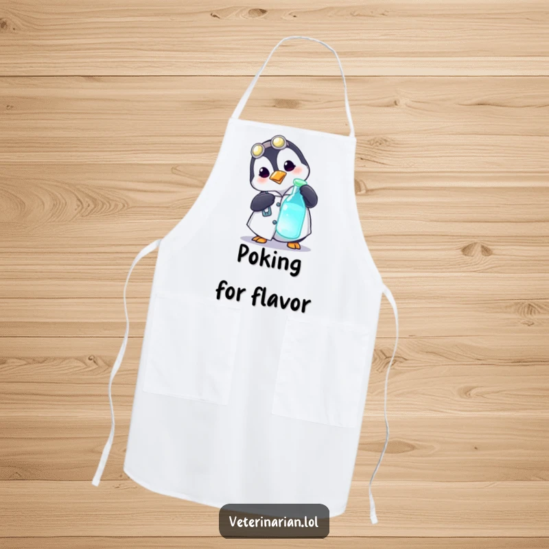 Funny kitchen apron featuring a playful penguin wearing a medical coat curiously poking a glowing vial, perfect for culinary experiments.