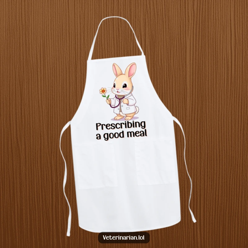 Funny bunny vet apron, showing a cute doctor bunny with stethoscope caring for a flower. Adds charm to cooking.