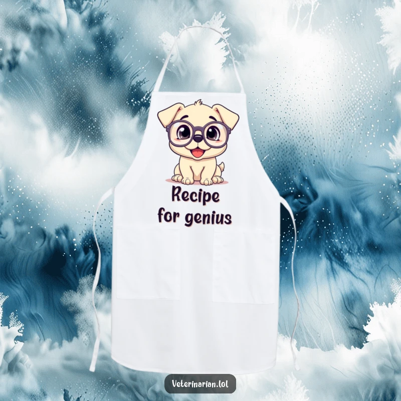 Funny apron with a happy puppy wearing oversized prescription glasses, looking up inquisitively.