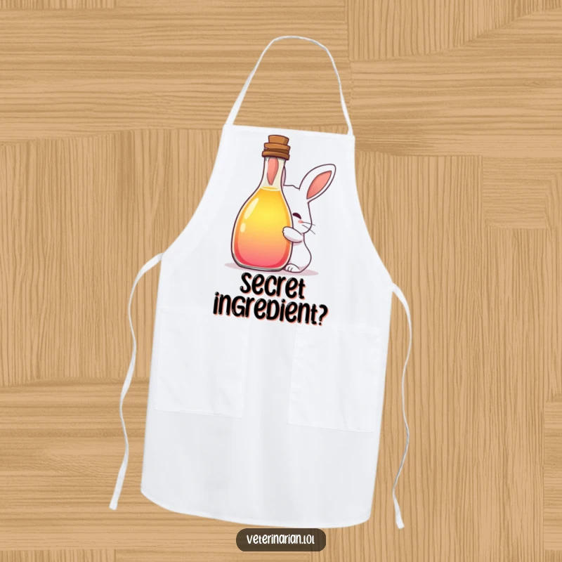 Funny apron with a shy rabbit peeking from a large bottle of colorful liquid, perfect for adding playful magic and humor to kitchen tasks.