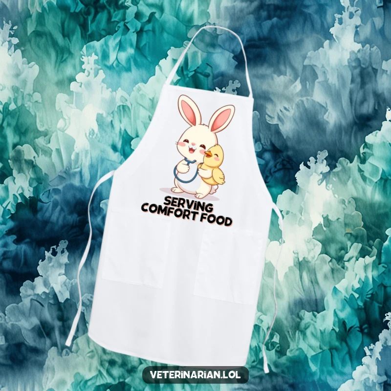 Funny apron with a cheerful bunny vet wearing a stethoscope, gently petting a smiling bird.