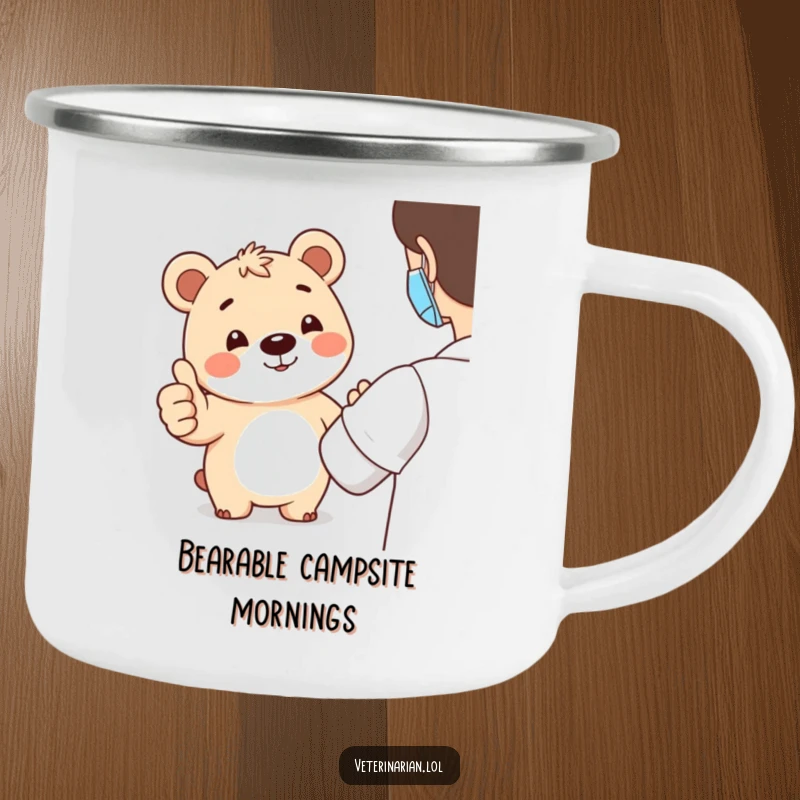 Funny bear thumbs-up camping mug showing a smiling bear giving a thumbs-up, designed for outdoor use and adding cheerful encouragement.