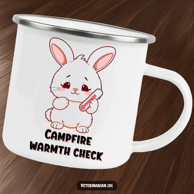 Funny fluffy bunny camping mug, a rabbit holds a thermometer with a worried but happy expression, promoting gentle humor during outdoor adventures.