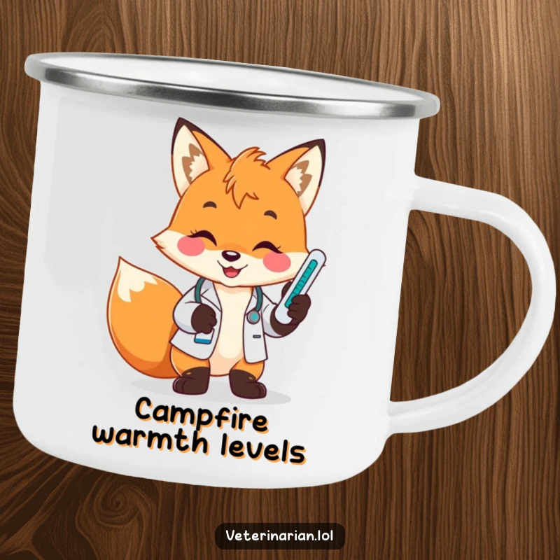 Funny fox vet camping mug, a playful fox smiles brightly holding a thermometer and checking its temperature outdoors.