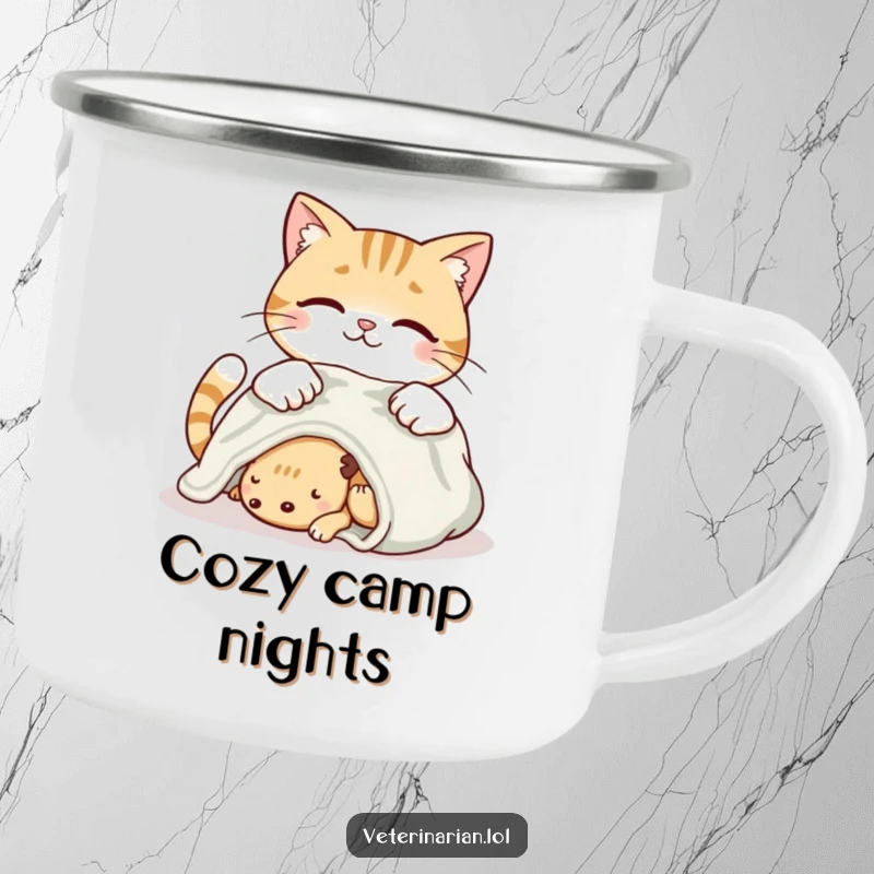 Funny smiling cat camping mug featuring a cat placing a soft blanket on a resting creature with loving care.