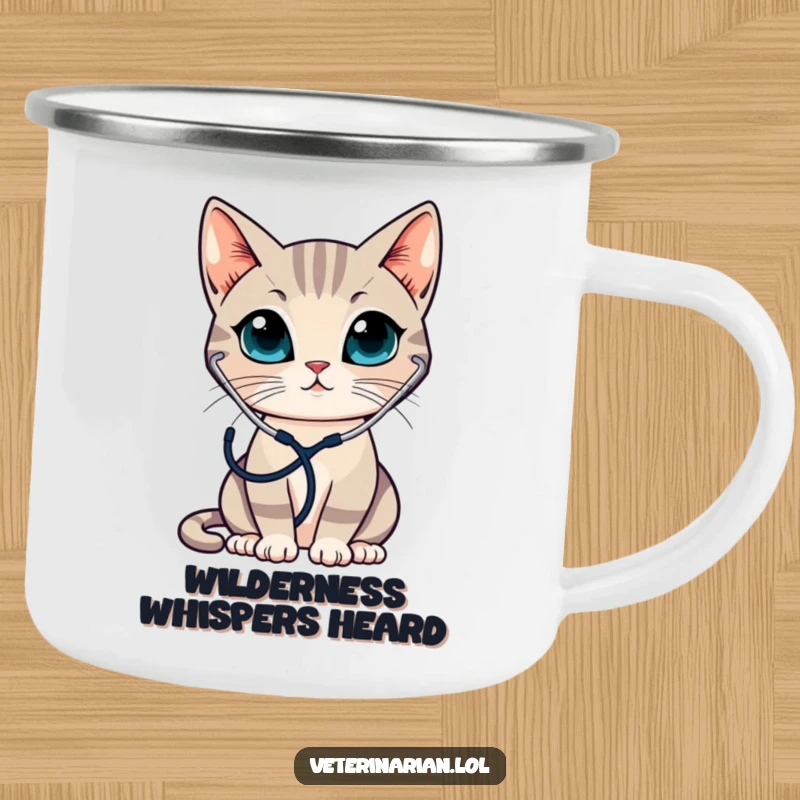 Funny camping mug with a sleek cat wearing a stethoscope, attentively listening, perfect for enjoying outdoor moments.