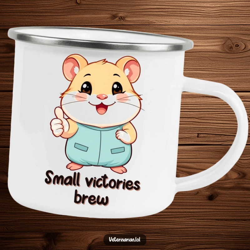 Funny camping mug with a smiling hamster in tiny scrubs giving a cheerful thumbs-up, perfect for enjoying outdoor moments.