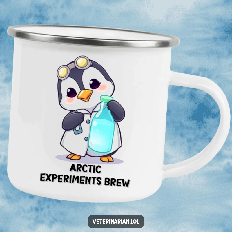 Funny camping mug with a playful penguin in a medical coat curiously poking a glowing vial, perfect for outdoor scientific exploration.