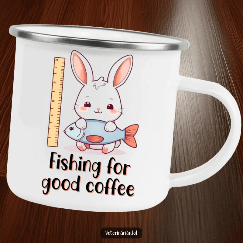 Funny rabbit fish measure camping mug showing a gentle rabbit measuring a fish, designed for outdoor use and adding natural humor.