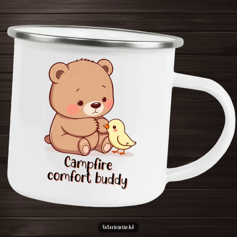 Funny enamel camping mug showing a gentle bear comforting a small, timid bird, ideal for warm outdoor moments.