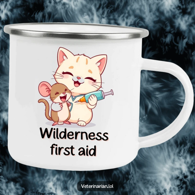 Funny cat vet camping mug, giggling cat vet winks, humorously treating a tiny mouse with a huge syringe.