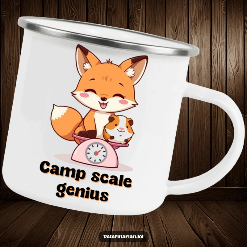 Funny enamel camping mug showing a playful fox grinning while weighing a guinea pig on a tiny scale, ideal for outdoor fun.