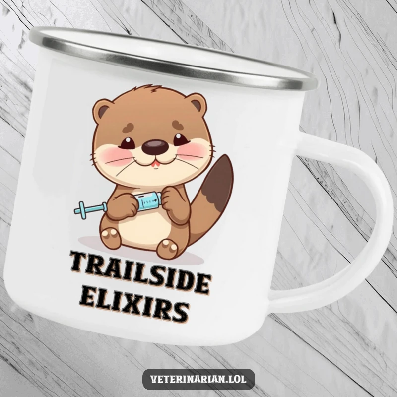 Funny otter camping mug with a character precisely measuring liquid using a tiny syringe, perfect for accurate outdoor enjoyment.