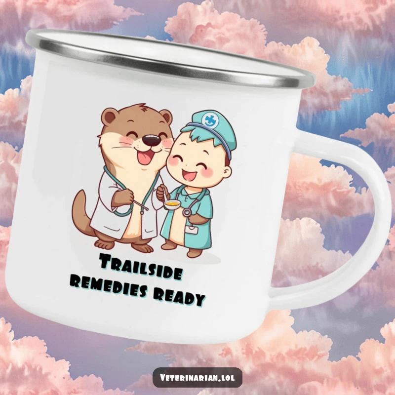 Funny Otter Vet Camping Mug: Cheerful otter vet character happily spoon-feeds medicine to a waiting patient, ideal for outdoor use.
