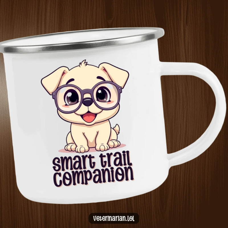Funny camping mug featuring a happy puppy wearing oversized prescription glasses, looking up inquisitively.
