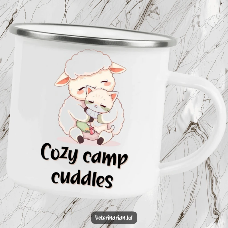 Funny sheep kitten camping mug, a fluffy sheep cuddling a tiny, bandaged kitten with affection, durable for outdoor use.