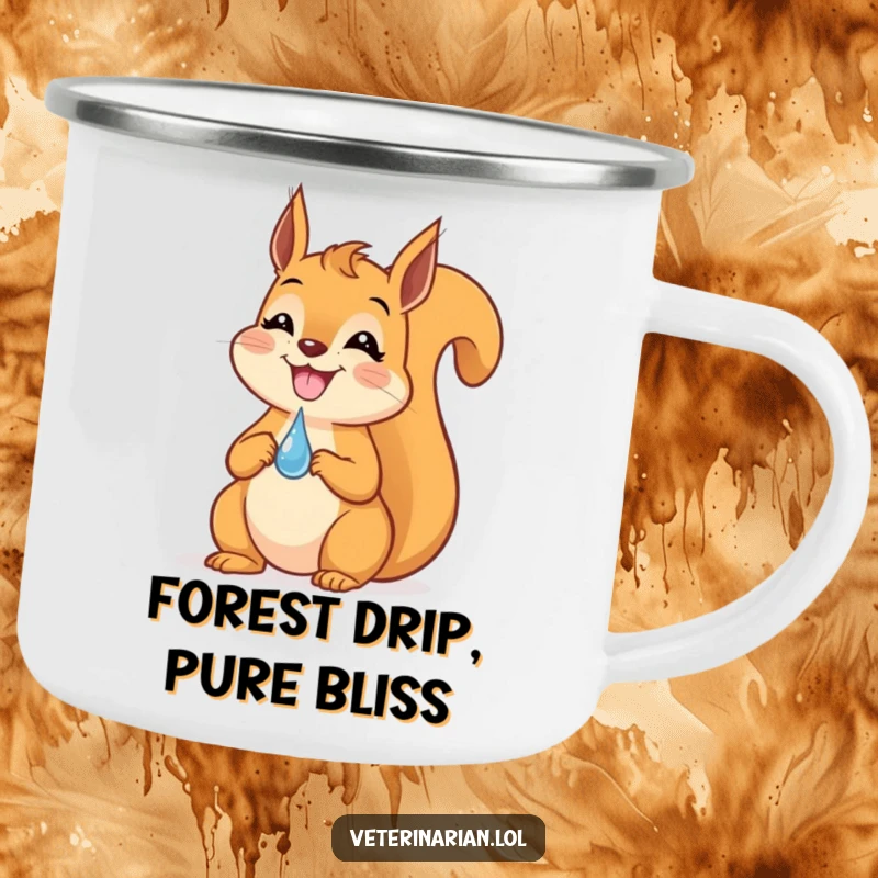 Funny Squirrel Dropper Camping Mug: A robust camping mug featuring a grinning squirrel balancing a tiny dropper on its nose.