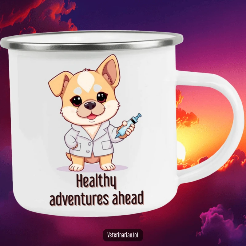 Funny brave dog vet camping mug featuring a dog in a white coat holding a syringe with a determined look.