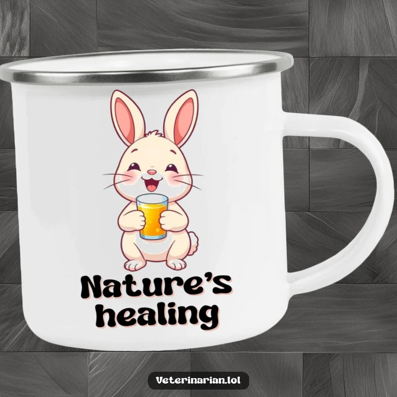 A happy bunny with a proud smile administers a tiny shot, printed on a durable camping mug for brave outdoor enjoyment.