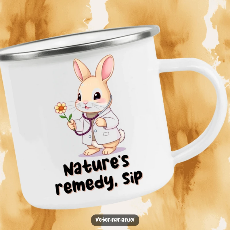 Funny bunny vet camping mug, featuring a cute doctor bunny with stethoscope caring for a flower. Charming outdoor companion.