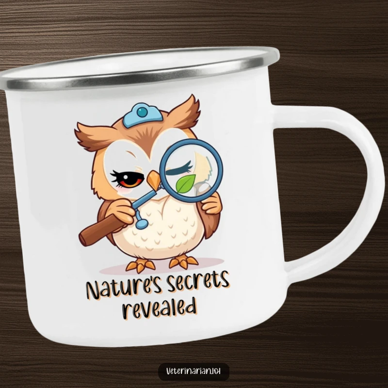Funny camping mug showing a winking owl vet using a magnifying glass to examine a tiny leaf, bringing wise humor to outdoor drinks.