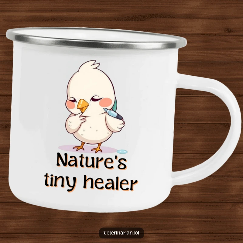 Funny camping mug with a diligent bird carefully administering a tiny dropper with focus.