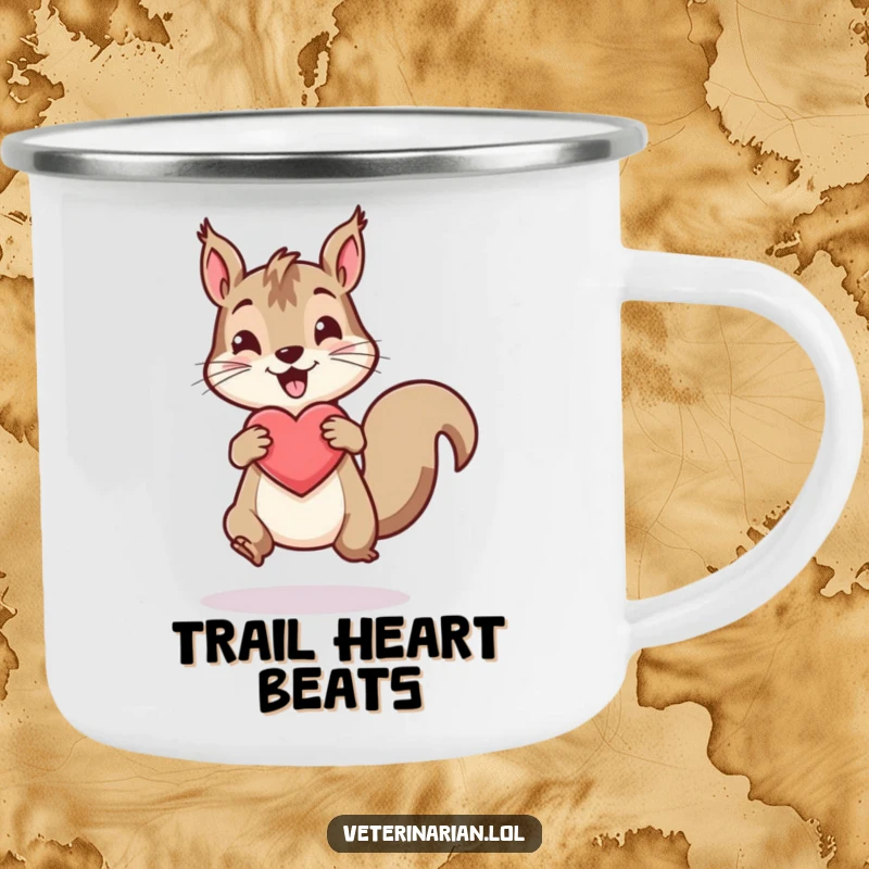 Funny camping mug with an energetic squirrel bouncing a healthy heart icon, perfect for outdoor fun.