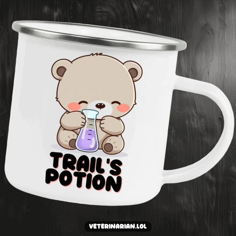 Funny camping mug featuring a sweet bear cub carefully measuring liquid in a beaker, perfect for outdoor science enthusiasts and cozy moments.